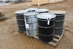 (6) EMPTY PAINT BARRELS WITH COVERS,