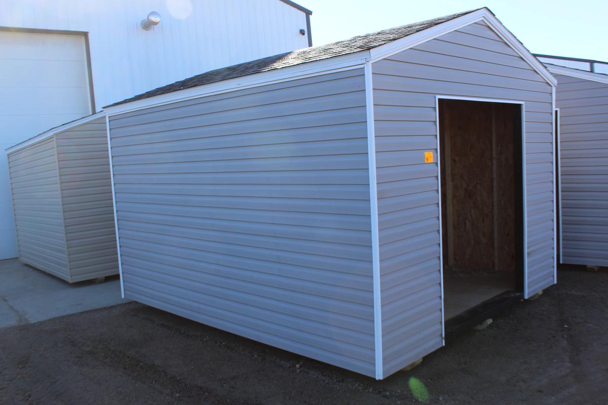 NEW 10' X 12' STORAGE SHED, 5' ROLL UP DOOR, GREY IN COLOR