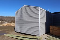 NEW 10' X 12' STORAGE SHED, 5' ROLL UP DOOR, GREY IN COLOR