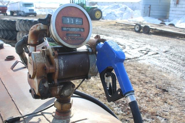 500 GALLON DIESEL BARREL, 110 VOLT PUMP AND METER,