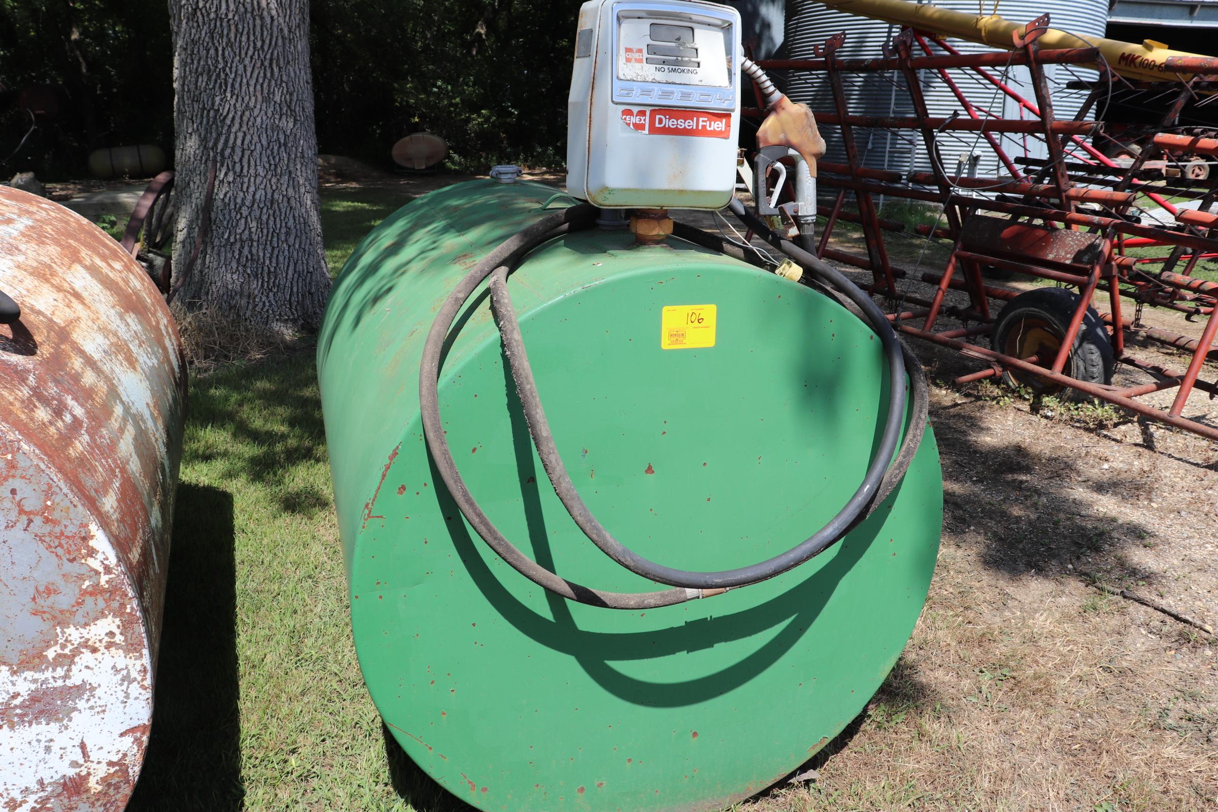 500 GALLON DIESEL BARREL, GASBOY 110 VOLT PUMP,