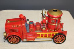 BATTERY OPERATED TIN FIRE TRUCK #7, NO BOX