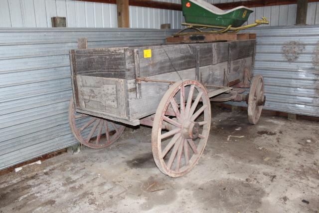 WOOD DOUBLE BOX WAGON, ON WOOD WHEELS,