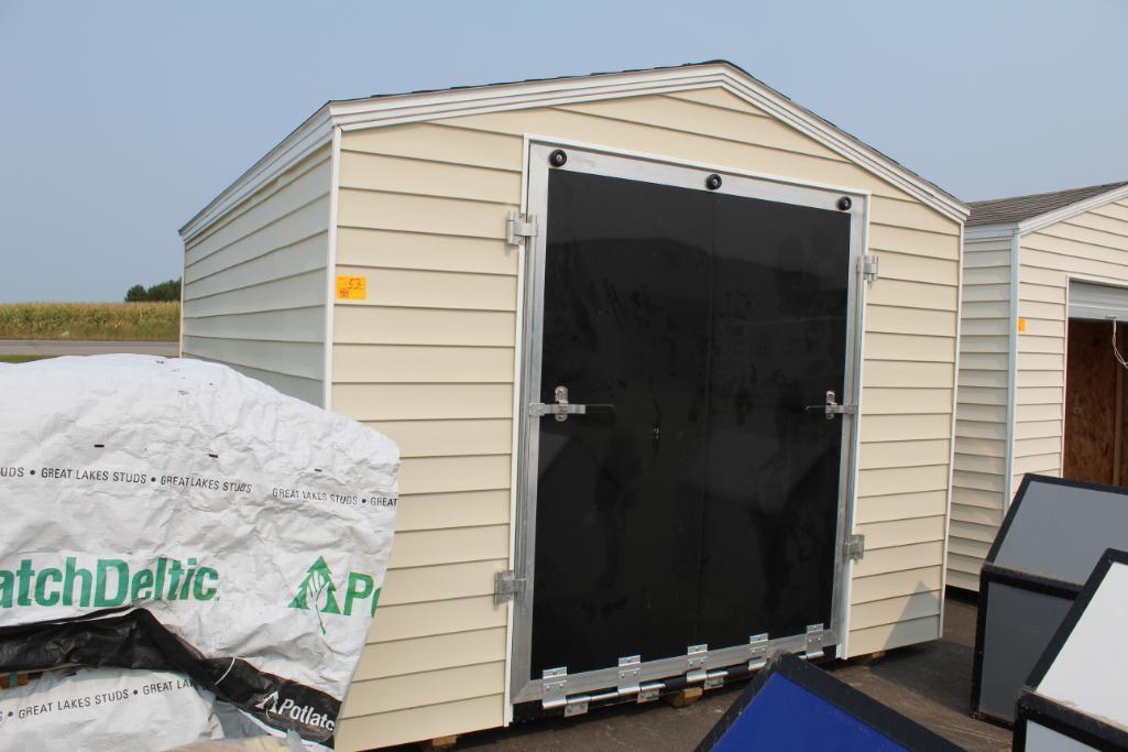 BRAND NEW 10' X 14' SHED ON SKIDS, 66" X 80" TALL FRONT FOLD DOWN RAMP DOOR, TAN SHINGLES, LIGHT TAN