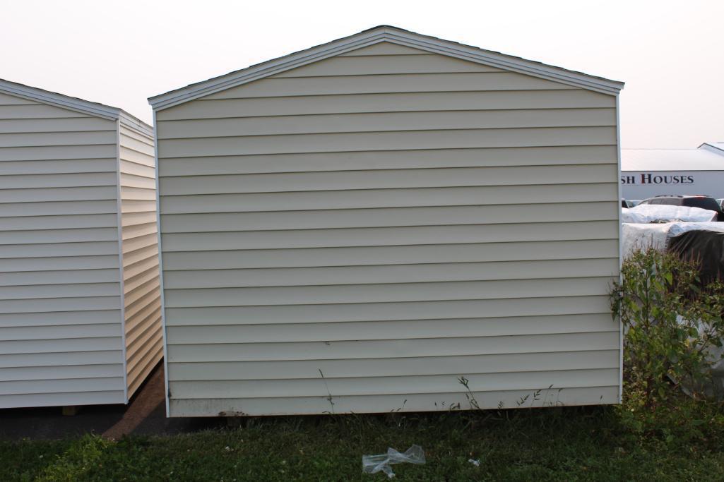 BRAND NEW 10' X 14' SHED ON SKIDS, 66" X 80" TALL FRONT FOLD DOWN RAMP DOOR, TAN SHINGLES, LIGHT TAN