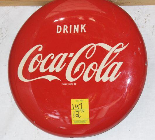 Coca Cola metal button sign, 12" diameter, VA 8 of 50 (hard to read)