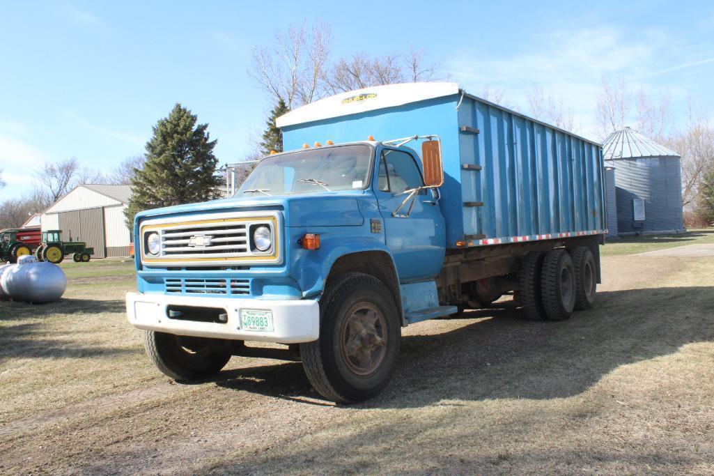 1975 Chevy C-65 Tandem Axle Twin Screw Truck, 5&4 Spd, 427 Gas Eng., Roll Tarp, 20' Steel Box /Hoist