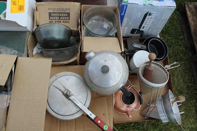 Pallet of Glassware, Metal Pans, Cash Register