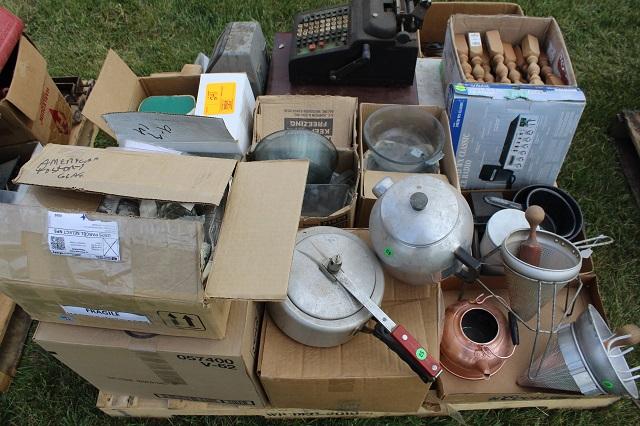 Pallet of Glassware, Metal Pans, Cash Register