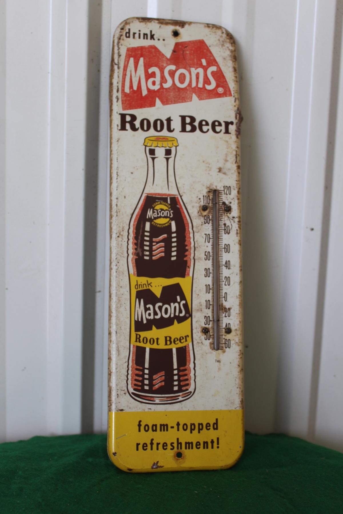 "Drink Mason's Root Beer" tin thermometer, 16"x4.5"
