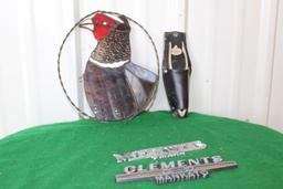 Amoco pliers, Metal painted bird decoration, Clements Mankato and McFaydens