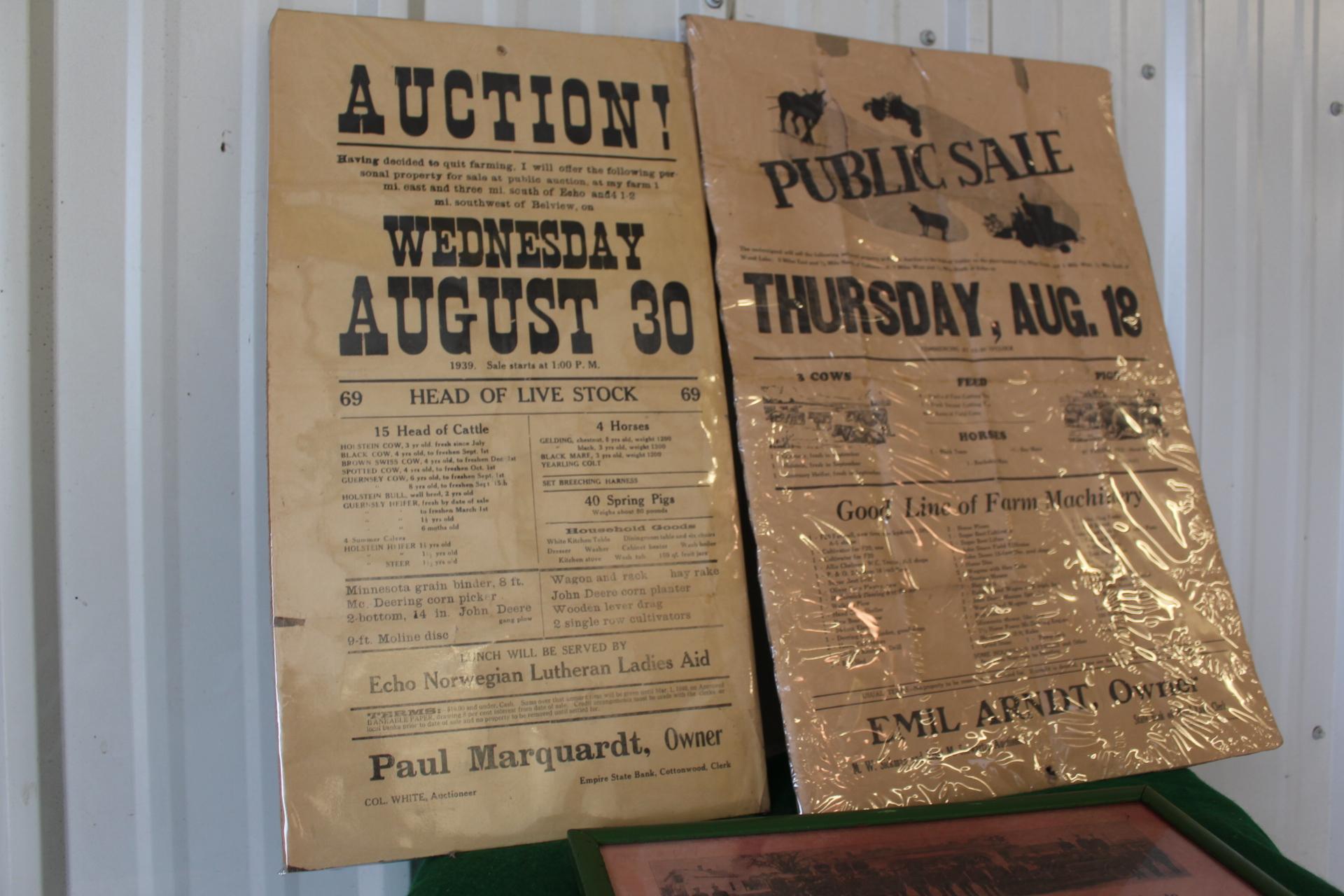 (3) Old paper notice signs, Firemen's Dance, 2 auction advertisements