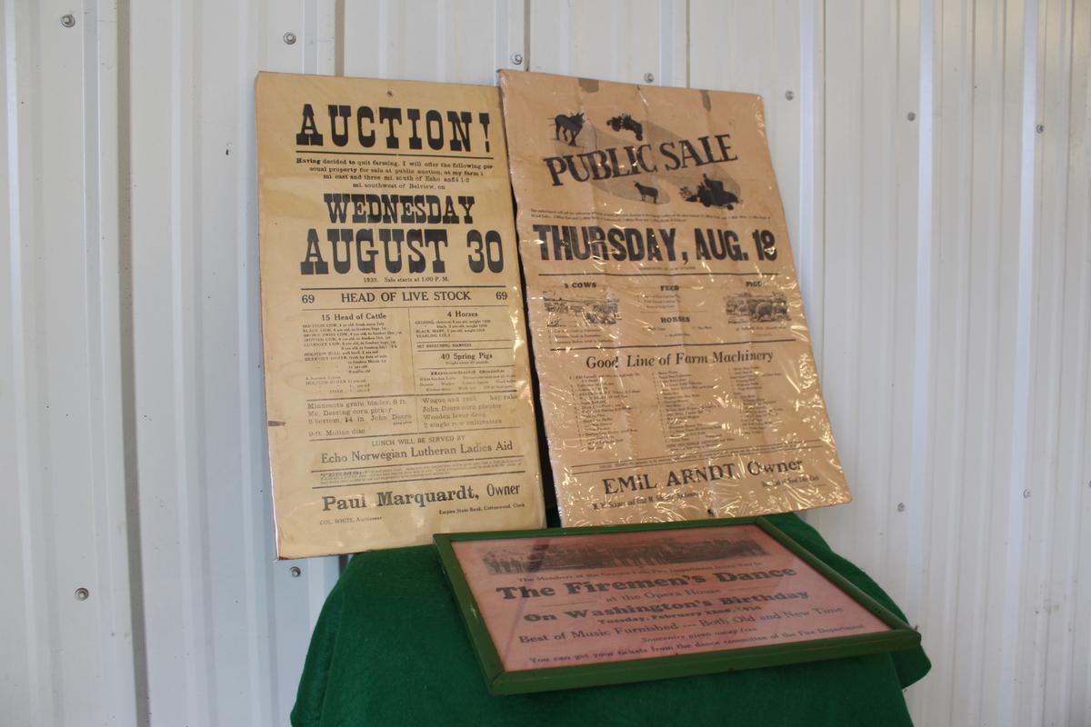 (3) Old paper notice signs, Firemen's Dance, 2 auction advertisements