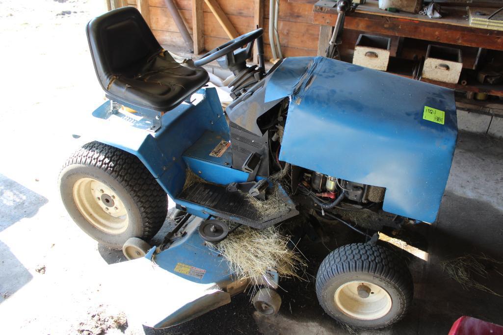 NEW HOLLAND TRACTOR STYLE RIDING LAWN MOWER, MODEL LS-45H, HYDRO, 48" DECK, HOOD IS HOMEMADE