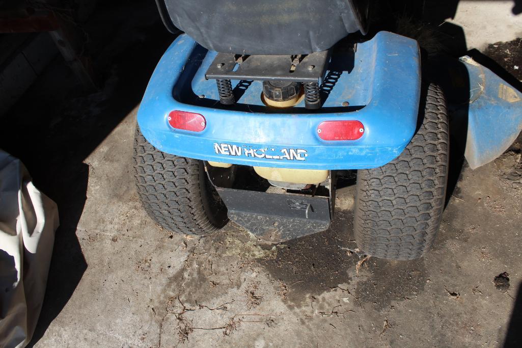 NEW HOLLAND TRACTOR STYLE RIDING LAWN MOWER, MODEL LS-45H, HYDRO, 48" DECK, HOOD IS HOMEMADE