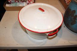 White enamel kettle and enamel bucket