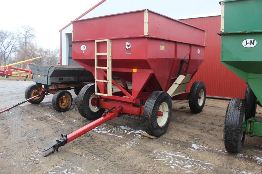 J&M 350-20 GRAVITY BOX, 13 TON GEAR, 20" TRUCK TIRES, LEFT SIDE DUMP, EXTEND HITCH, BOUGHT NEW