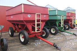 J&M 350-20 GRAVITY BOX, 13 TON GEAR, 20" TRUCK TIRES, LEFT SIDE DUMP, EXTEND HITCH, BOUGHT NEW