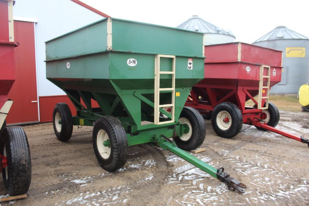 J&M 350-20 GRAVITY BOX, 13 TON GEAR, 20" TRUCK TIRES, LEFT SIDE DUMP, EXTEND HITCH, BOUGHT NEW