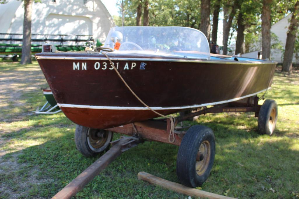 1956 Chris Craft 15' Wood Boat, Phatom Four-75 Inboard Engine, Windshield, On MN 4 Wheel Wagon Gear