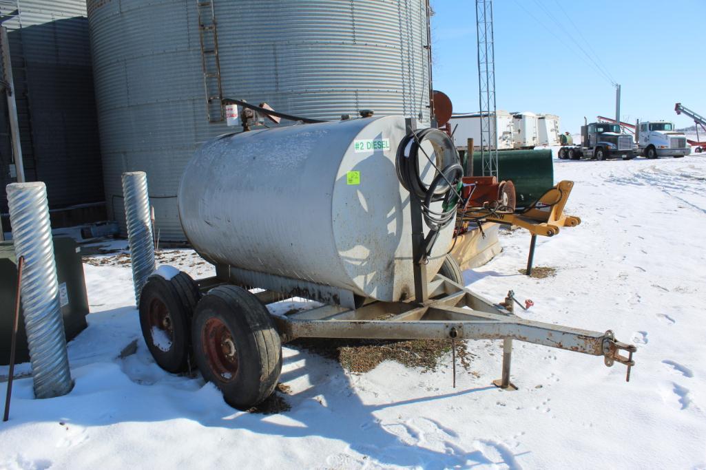 APPROX 500 GALLON FUEL BARREL ON TANDEM AXLE TRAILER, 20 GPM 12 VOLT PUMP, NO TITLE ON TRAILER