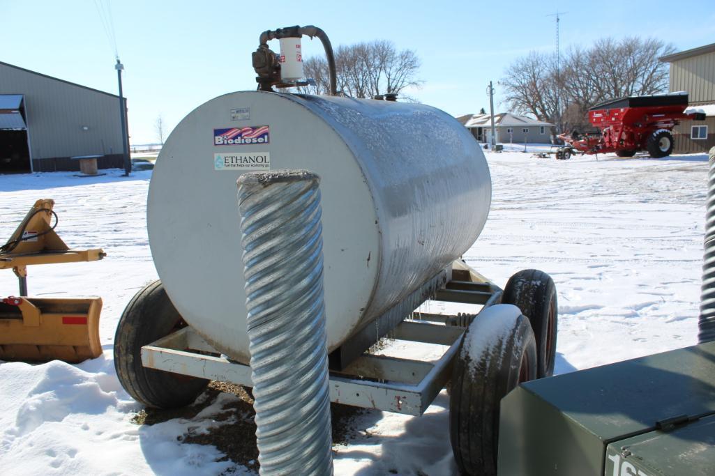 APPROX 500 GALLON FUEL BARREL ON TANDEM AXLE TRAILER, 20 GPM 12 VOLT PUMP, NO TITLE ON TRAILER