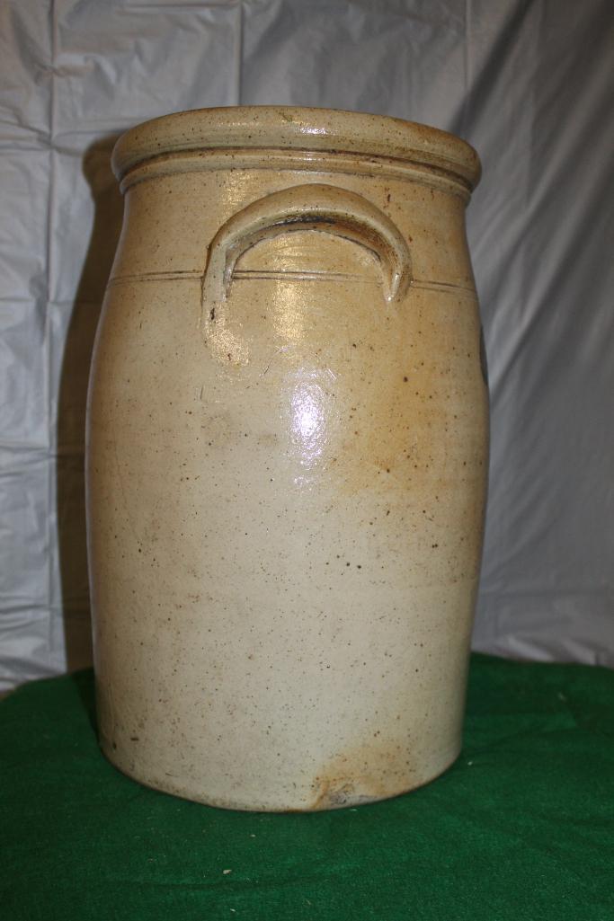 3 GAL. SALT GLAZED BUTTER CHURN, NO LID, CHIP ON BOTTOM