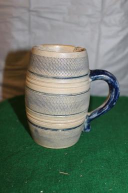 APPROX. 4" SPONGEWARE CREAMER AND STONEWARE CUP, HAS CHIPS AND CRACKS