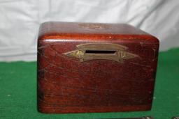 (5) DIME COIN BANKS, WOOD BANK, AND AUSTRALIAN COINS