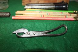 CAN OPENER, WHITE HOUSE VINEGAR BOTTLE, CHEESE BOX, ADV. PENCILS, AND VINTAGE APPLE CORERS