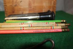 CAN OPENER, WHITE HOUSE VINEGAR BOTTLE, CHEESE BOX, ADV. PENCILS, AND VINTAGE APPLE CORERS