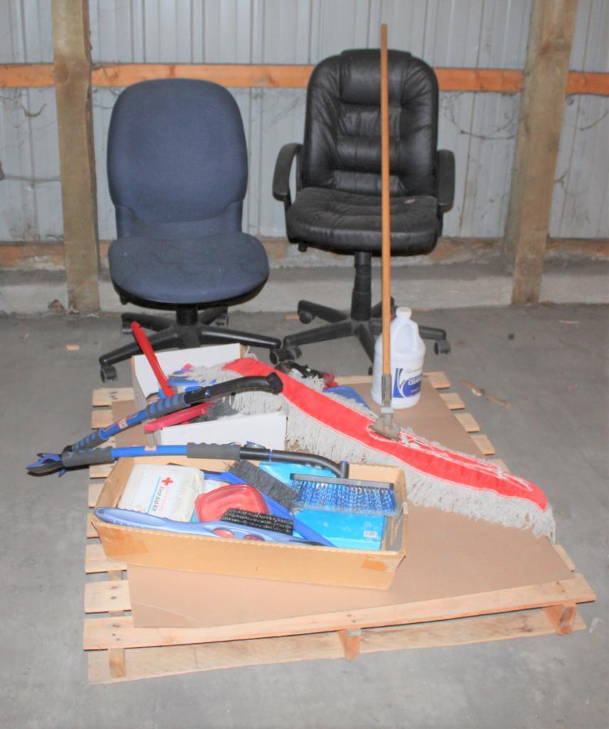 (2) OFFICE CHAIRS, WEATHER CAR SCRAPERS, 36" FLOOR DUST MOP