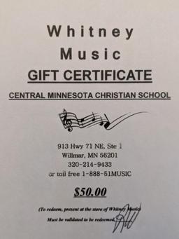 $50 Whitney Music Gift Certificate
