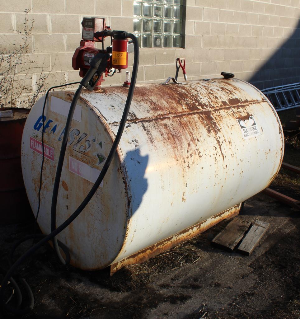 500 GALLON DIESEL BARREL, FILL-RITE 20 GPM PUMP, METER, 110 VOLT