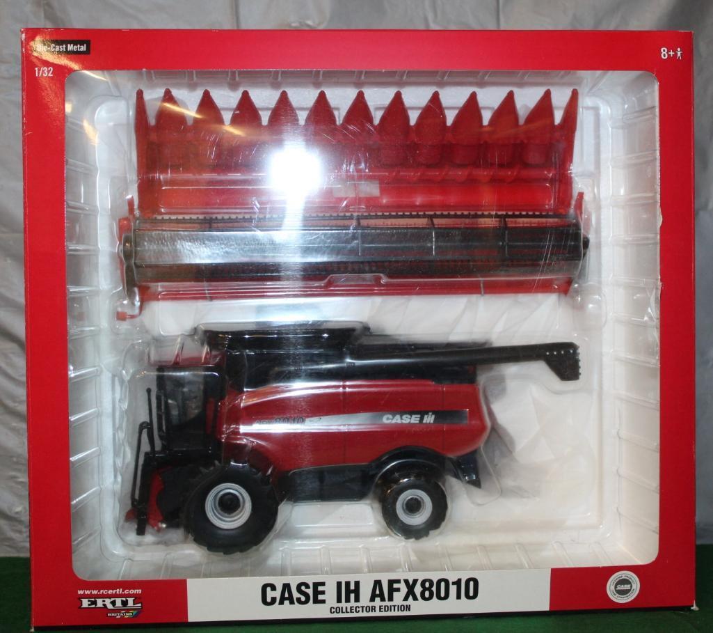 1/32 CASE IH 8010 AFX COMBINE, BEAN AND CORN HEAD, BOX HAS LIGHT WEAR