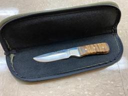 9" Hunting Knife handmade by Andy Johnson in a Coal Forge. Handle is made with curly maple wood