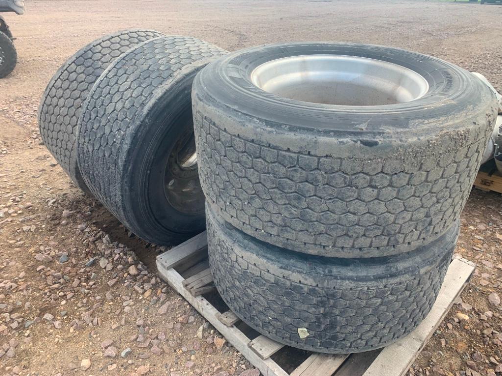 (4) Super Single 445/50R22.5 Truck Tires on Alum 10 Bolt Rims