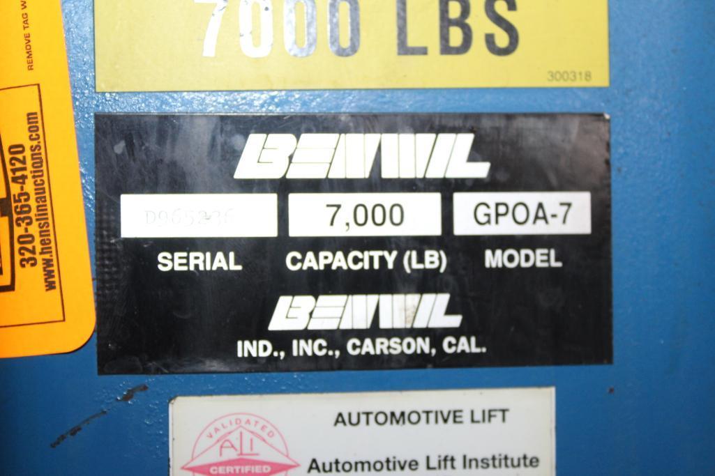 Benwil Model GPOA-7 7000LB 2 Post Car Hoist, Electric over Hydraulic Single Phase