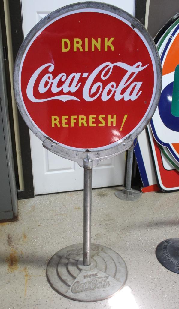 30" Round Coca-Cola Double Sided Lollipop Porcelain Sign, Cast Base, "Drink Coca-Cola"