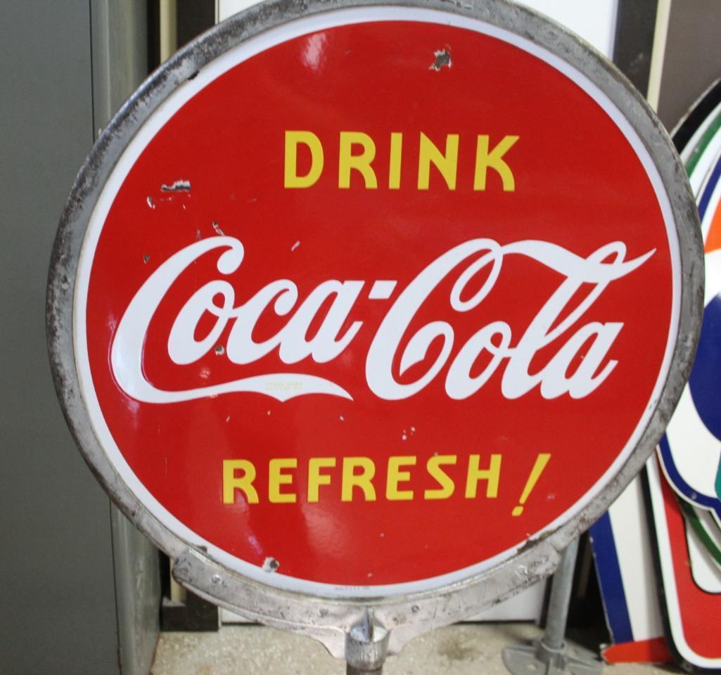 30" Round Coca-Cola Double Sided Lollipop Porcelain Sign, Cast Base, "Drink Coca-Cola"