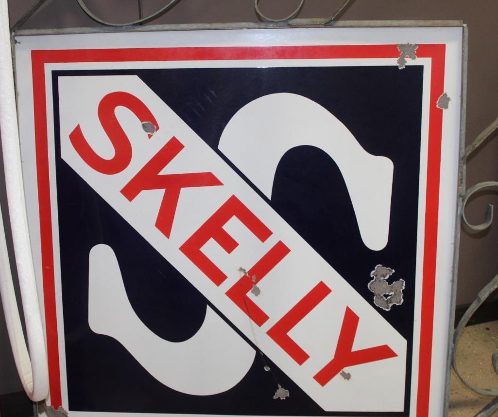 48"x48" SKELLY, Double Sided Porcelain Sign, 76x68" Overall Size, with Pipe Holder and