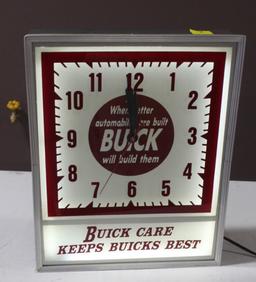 15"x18.5" Buick Care Keeps Buick's Best Clock, Lighted, Works, Built By Lackner Cin,O