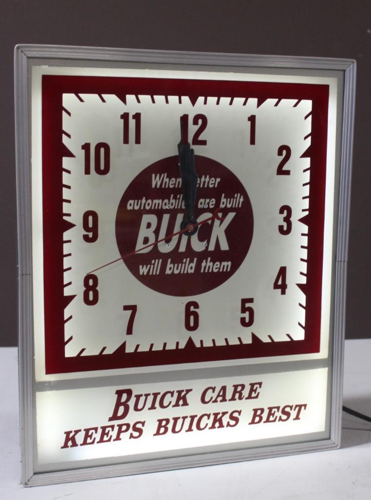 15"x18.5" Buick Care Keeps Buick's Best Clock, Lighted, Works, Built By Lackner Cin,O