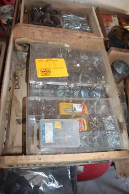 (4) BOXES OF SCREWS, WASHERS, DOOR KNOBS AND MORE