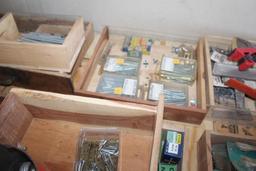 (5) BOXES OF HINGES, BRAD NAILS, METAL CORNERS AND MORE