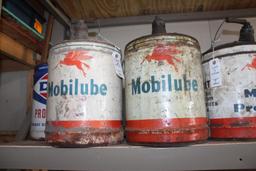 (2) MOBIL LUBE 5 GALLON OIL CANS WITH FLYING HORSE PICTURE