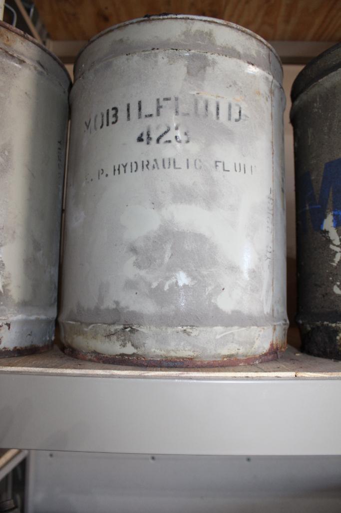 (4) MOBIL 5 GALLON OIL CANS, ONE HAS BEEN PAINTED ON