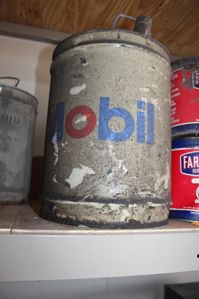 (4) MOBIL 5 GALLON OIL CANS, ONE HAS BEEN PAINTED ON