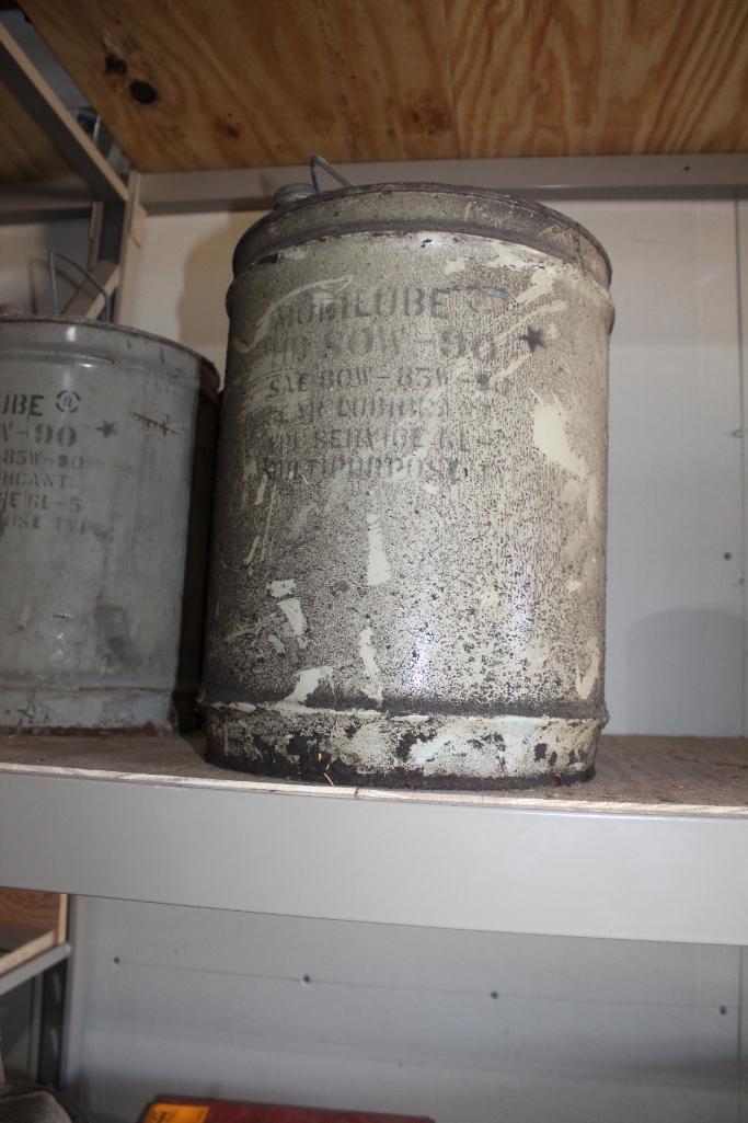 (4) MOBIL 5 GALLON OIL CANS, ONE HAS BEEN PAINTED ON