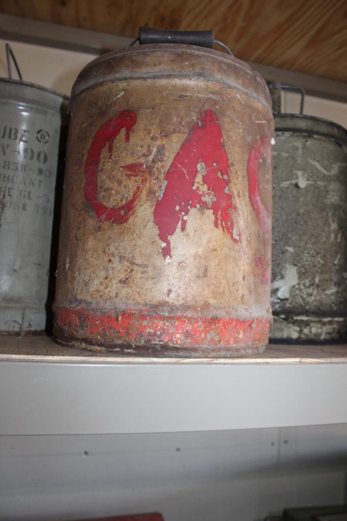 (4) MOBIL 5 GALLON OIL CANS, ONE HAS BEEN PAINTED ON